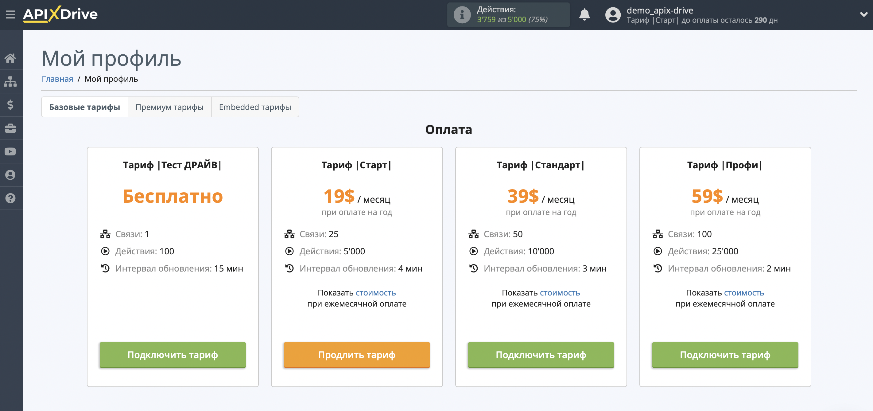 Базовые Тарифы ApiX-Drive