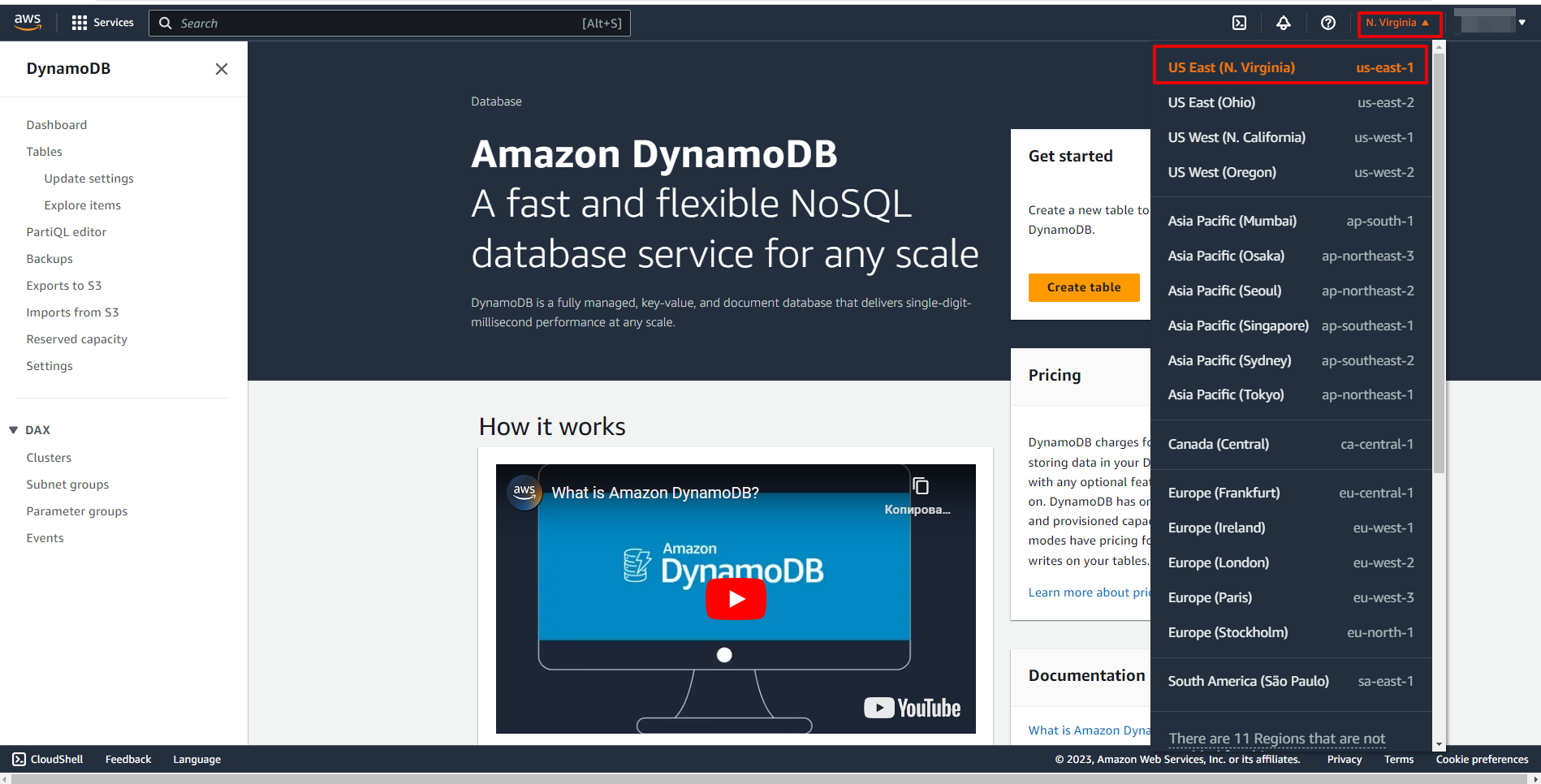 Налаштування Amazon DynamoDB Вибір регіону