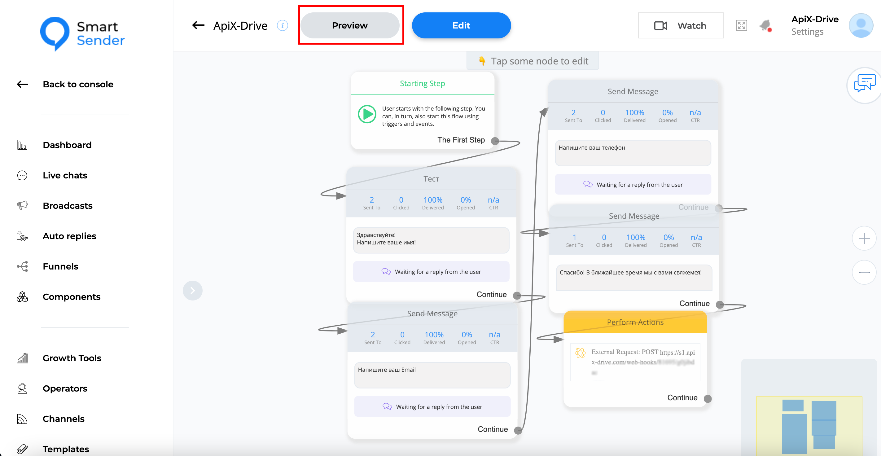 Налаштування Smart Sender (webhook) | Налаштування в SmartSender превью воронки