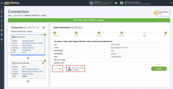 Google Contacts and Brevo integration | Click “Edit” or “Send test data to Brevo”