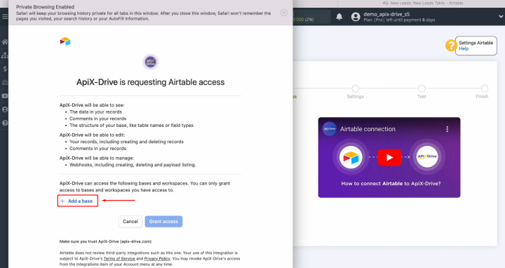 Smartsheet and Airtable integration | Provide ApiX-Drive access to work with your Airtable databases