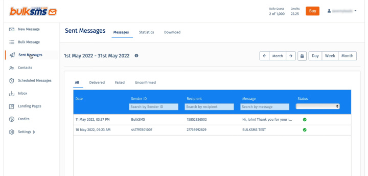 Facebook and BulkSMS integration | Result of the data transfer to BulkSMS