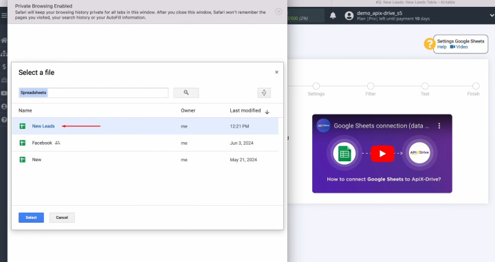 Google Sheets and Airtable integration | Select the file from which we will receive new rows