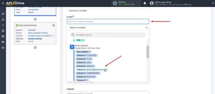 Google Sheets and Autopilot integration | Define data