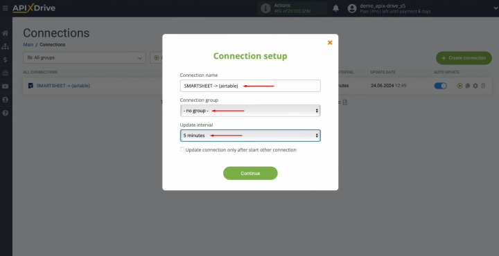 Smartsheet and Airtable integration | Select the interval for the operation of the connection