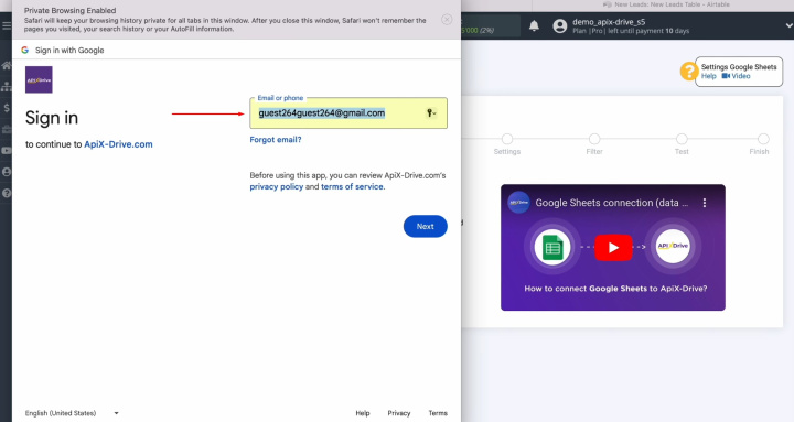 Google Sheets and Airtable integration | Specify the login of your Google account