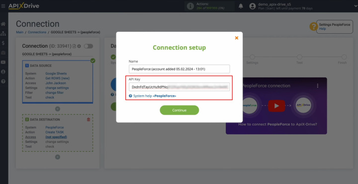 Google Sheets and PeopleForce integration | Paste the API key into the appropriate field in the ApiX-Drive system