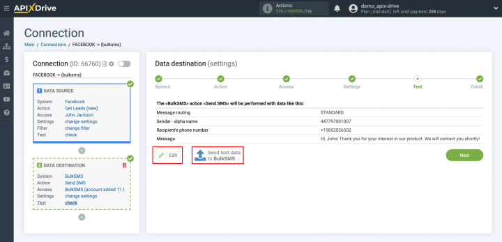 Facebook and BulkSMS integration | To verify the settings, click "Send test data to BulkSMS"