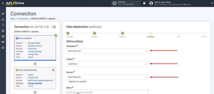 Google Sheets and Asana integration | Select workspace, project and section for tasks