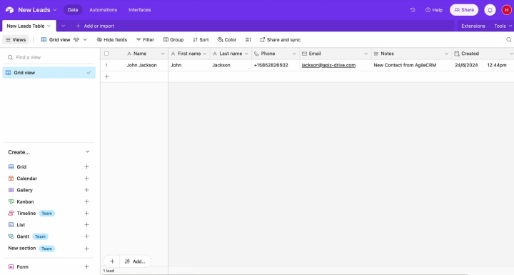 Agile CRM and Airtable integration | Result of the data transfer to Airtable