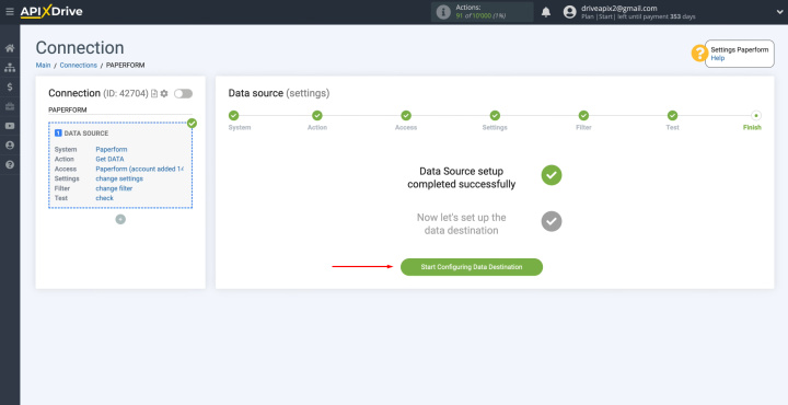 Paperform and Gmail integration | Сlick “Start Configuring Data Destination”