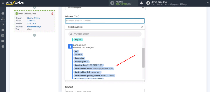 Facebook and Google Sheets integration | Define the content of the coumns