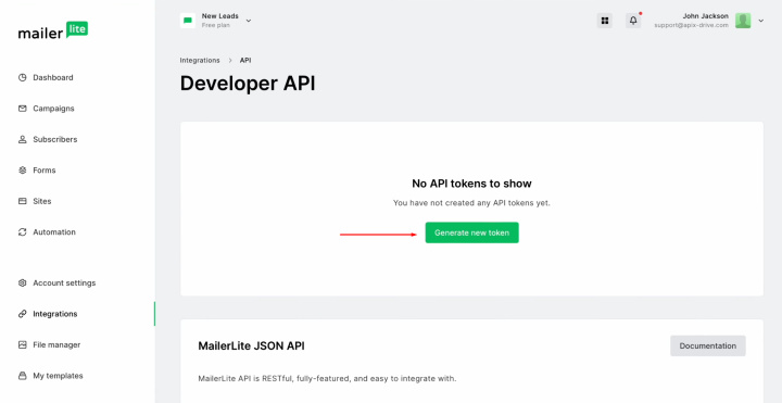 Tally and MailerLite integration | Click "Generate new token"