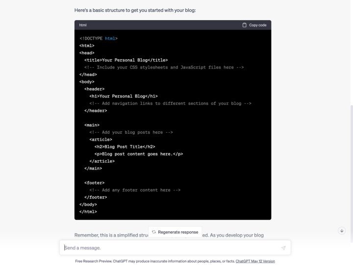 ChatGPT provides template HTML and CSS code snippets