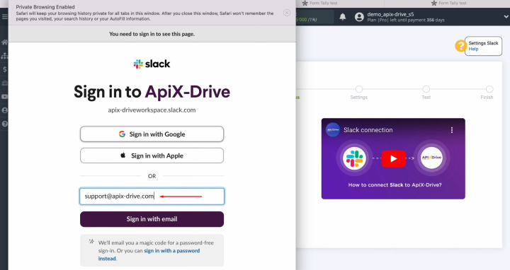 Tally and Slack integration | Specify the login for your Slack personal account