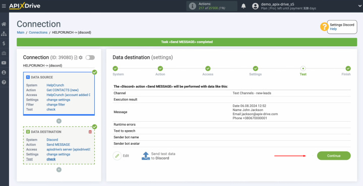 HelpCrunch and Discord integration | Return to ApiX-Drive and continue setting up