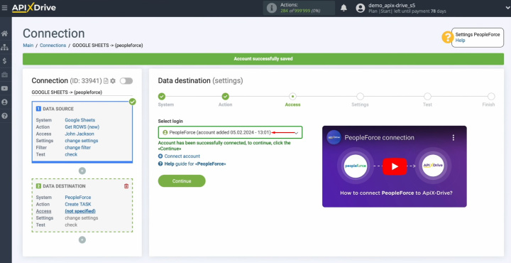 Google Sheets and PeopleForce integration | Select the connected login