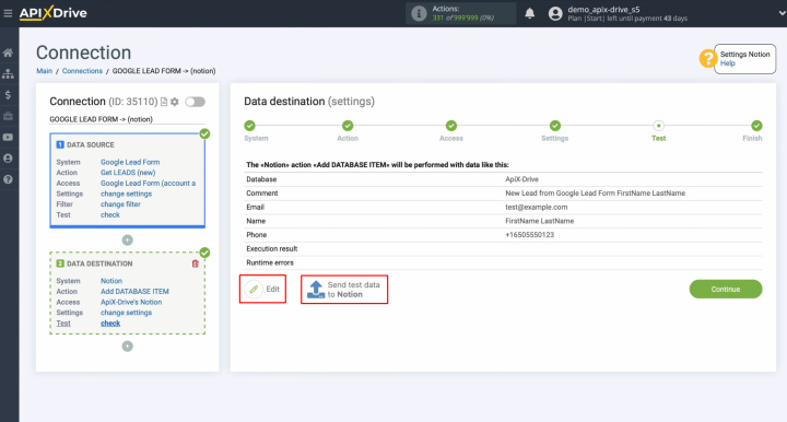 Google Ads Lead Form and Notion integration | To verify your settings, click “Send test data to Notion”