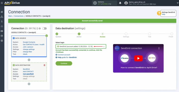 Google Contacts and SendGrid integration | Select the connected login