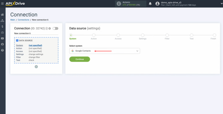 Pipedrive and Google Contacts integration | Choose the data source system