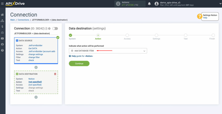 JetFormBuilder and Notion integration | Select the action "Add DATABASE ITEM"