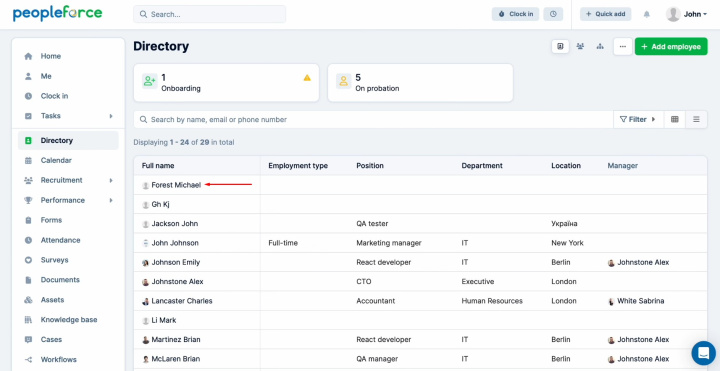 Google Sheets and PeopleForce integration | Click on the employee’s name