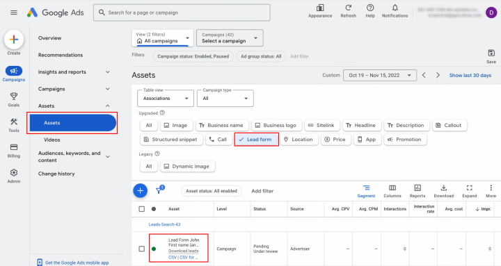 Google Lead Form and Trello integration | Go to the “Assets” section and select Lead Form