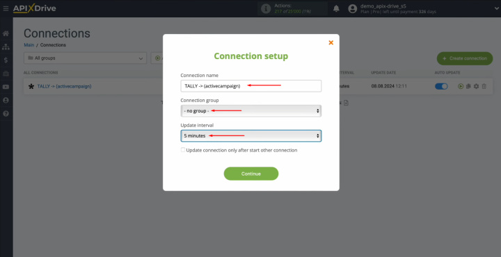 Tally and ActiveCampaign integration | Select the interval for the operation of the connection