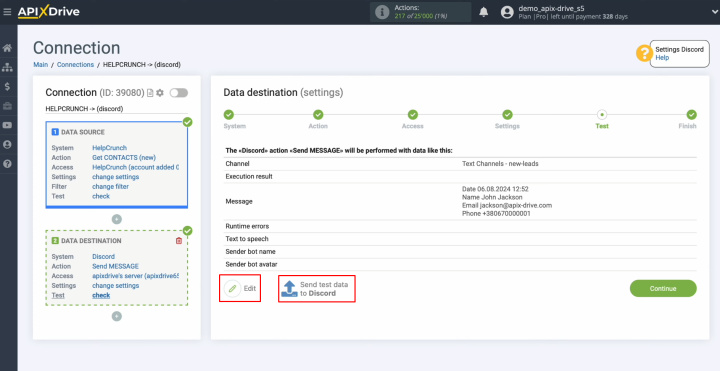 HelpCrunch and Discord integration | Click "Send test data to Discord"