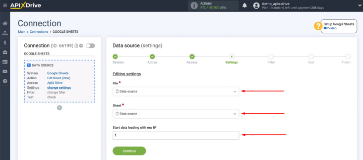 Google Sheets and Asana integration | Select file, sheet and starting row