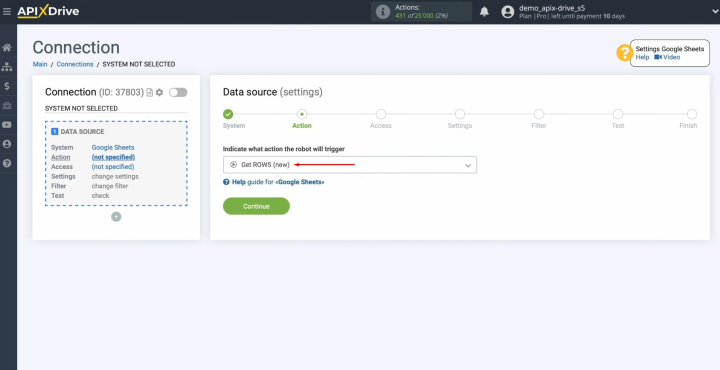 Google Sheets and Airtable integration | Choose the action "Get ROWS (new)"