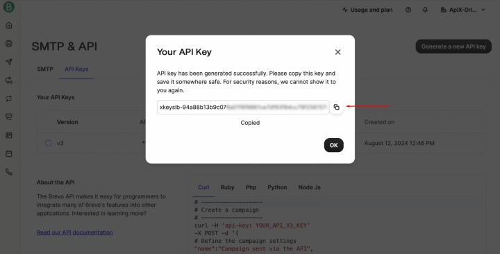 Google Contacts and Brevo integration | Copy the API key and click “OK”