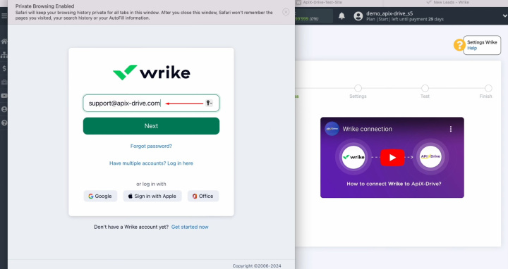 Webflow and Wrike integration | Specify the login of your Wrike account