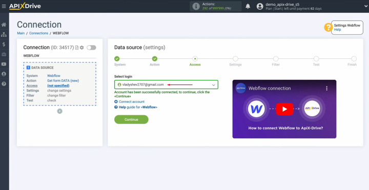 Webflow and Google Sheets integration | Select the connected login