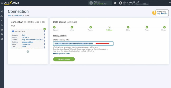 Tally and Slack integration | Copy the URL for receiving data