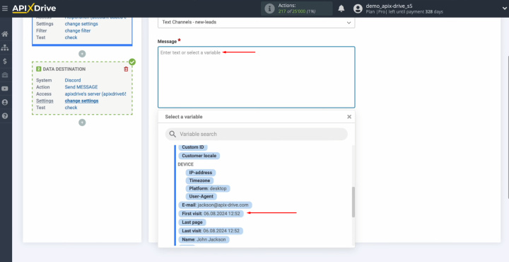 HelpCrunch and Discord integration | Click in the field and select the variable from the drop-down list