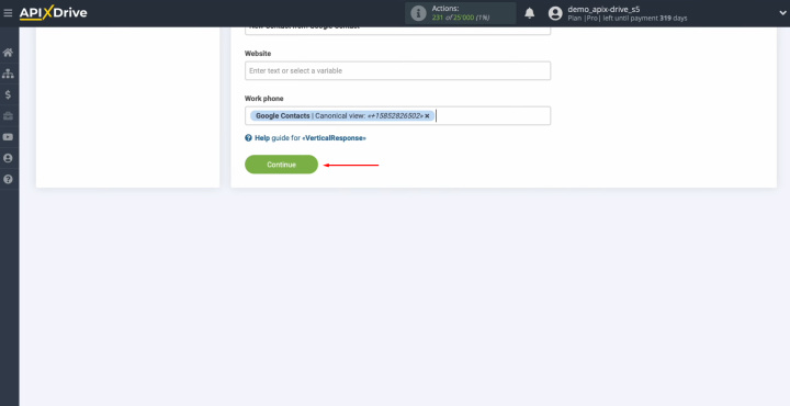 Google Contacts and VerticalResponse integration | Click “Continue”