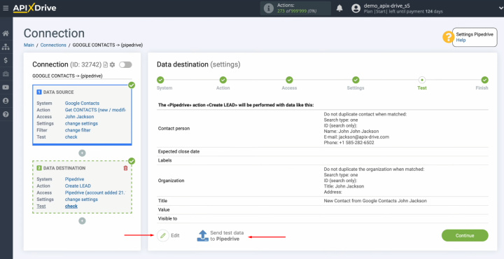 Pipedrive and Google Contacts integration | The example of the data that will be sent to Pipedrive