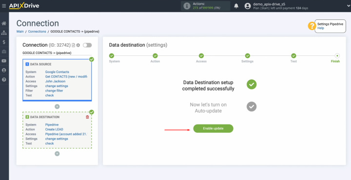 Pipedrive and Google Contacts integration | Click “Enable update”