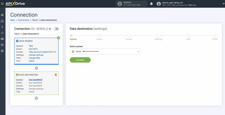 Tally and Slack integration | Select Slack as the data receiver system