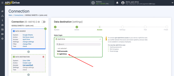 Google Sheets and Zoho CRM integration | Select Zoho CRM account