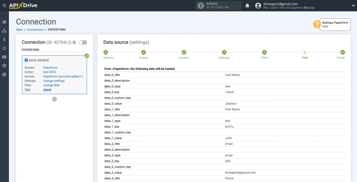 Paperform and Gmail integration | The test data that was just generated