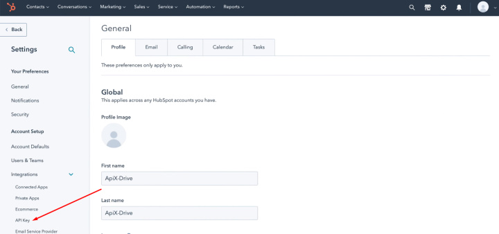 Facebook and Hubspot integration | Go to the API Key section