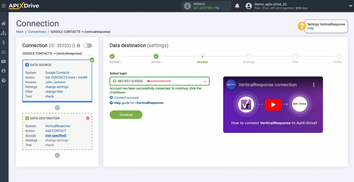 Google Contacts and VerticalResponse integration | Select the connected login