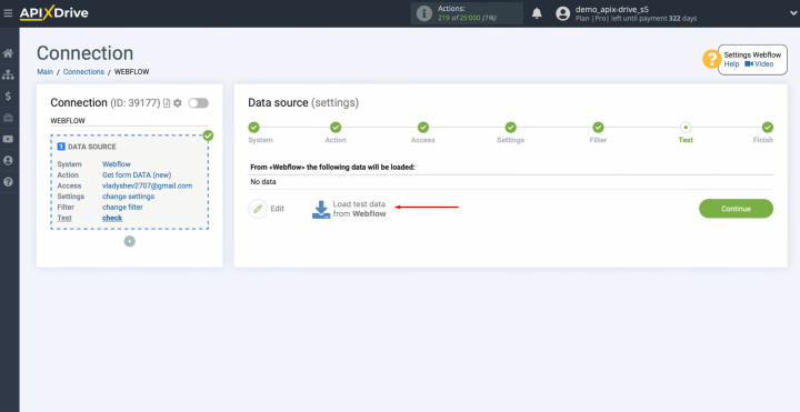 Webflow and Brevo integration | Click “Load test data from Webflow”