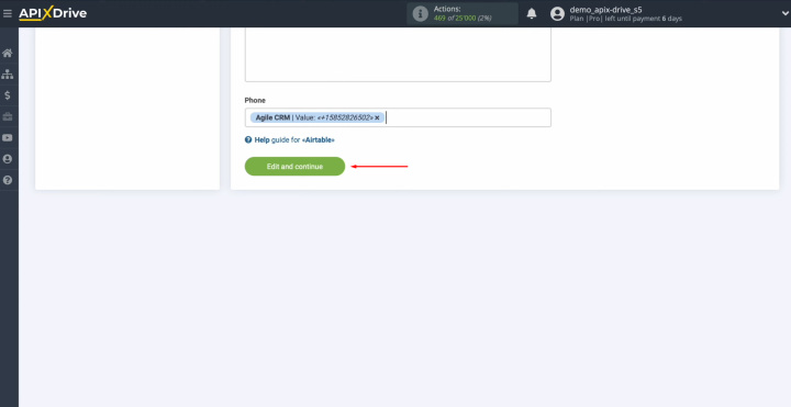 Agile CRM and Airtable integration | Click "Edit and continue"