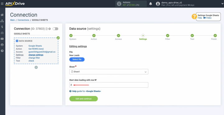 Google Sheets and Airtable integration | Enter the row number and click “Edit and continue”