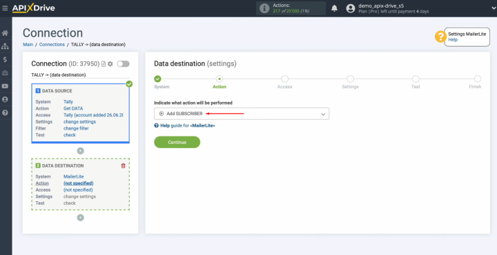 Tally and MailerLite integration | Select the action "Add Subscriber"