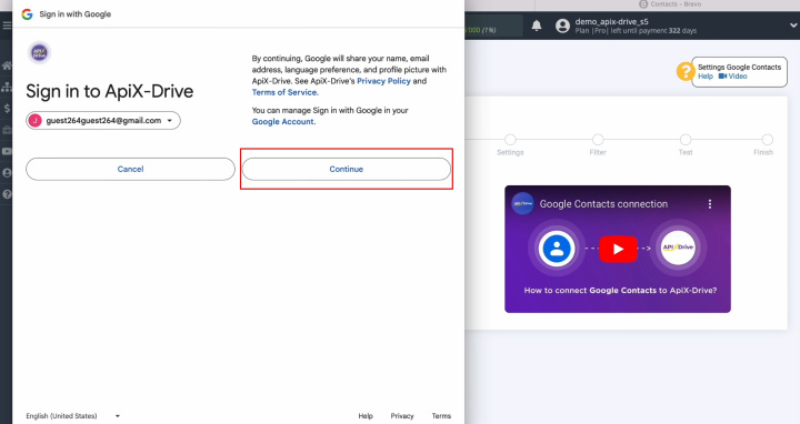 Google Contacts and Brevo integration | Click “Continue”