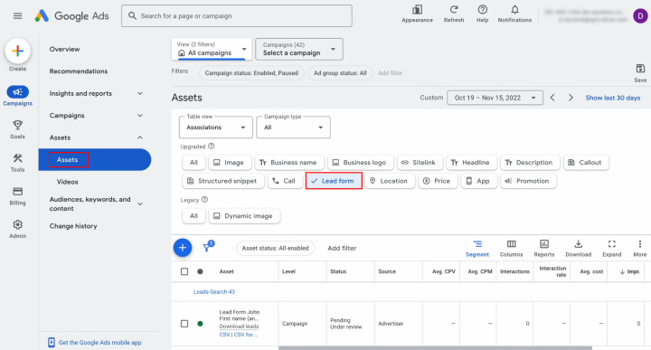 Google Ads Lead Form and Notion integration | Navigate to the Assets section and select the Lead form